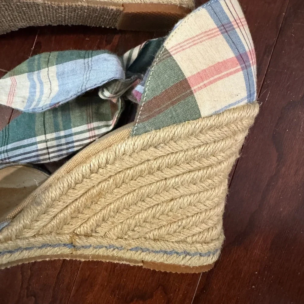 Tommy Hilfiger Plaid Espadrille Wedge Sandals Fabric Ankle Tie 3.5